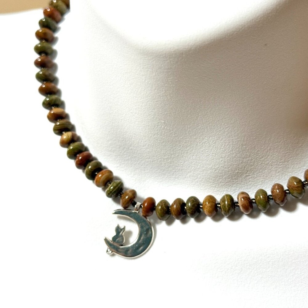 Genuine Earthy Polychrome Jasper Silver Cat on the Moon Beaded Short Necklace